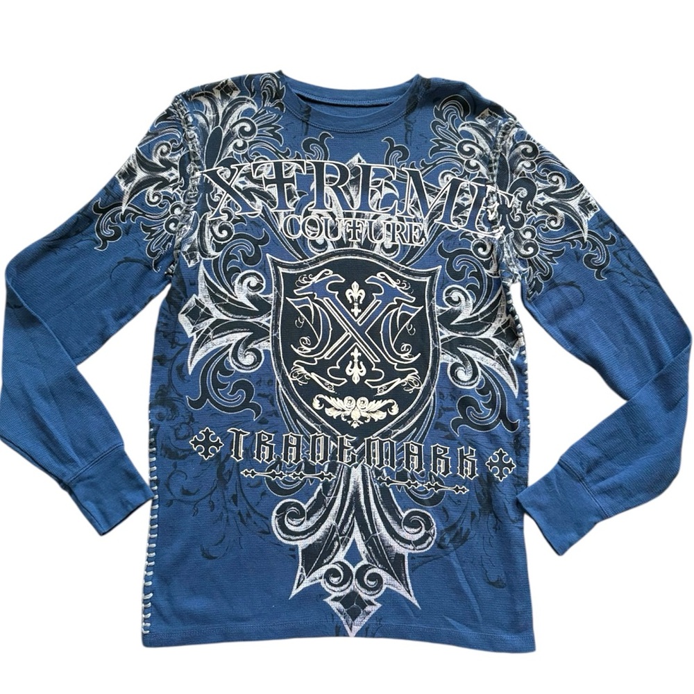 NWT Xtreme Couture Blue Fleur De Lis Graphic Thermal Crew Neck Long Sleeve Shirt